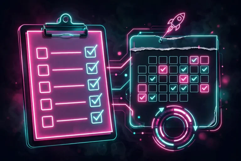 Lista de verificación de neón y calendario, cuenta atrás del lanzamiento