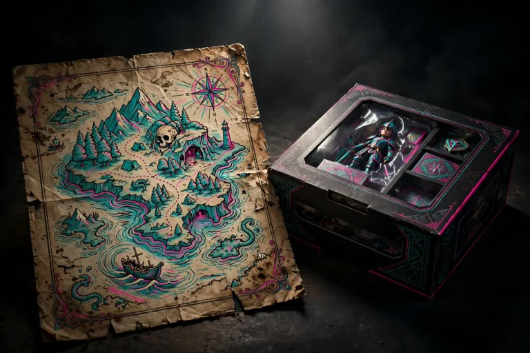 Mapa ilustrado de coleccionista junto a la caja del juego
