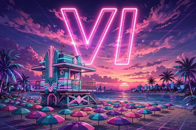 Miami Beach al atardecer con el numeral VI de neón: campaña de GTA 6