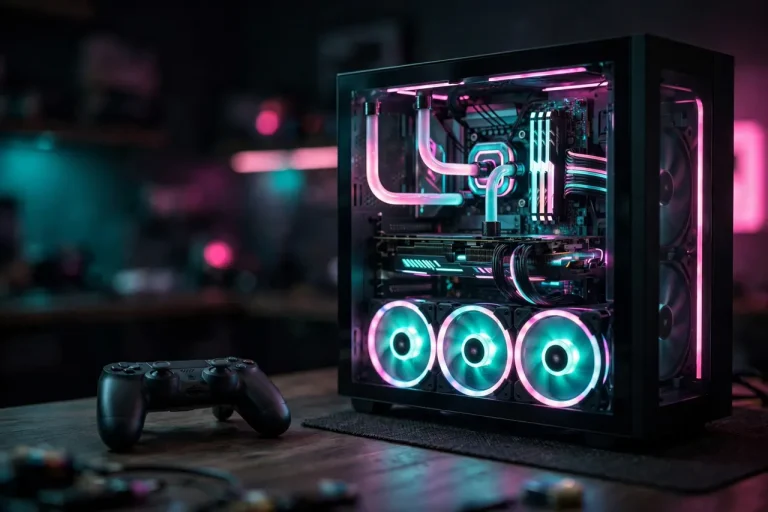 PC gaming con iluminación de neón junto a un mando