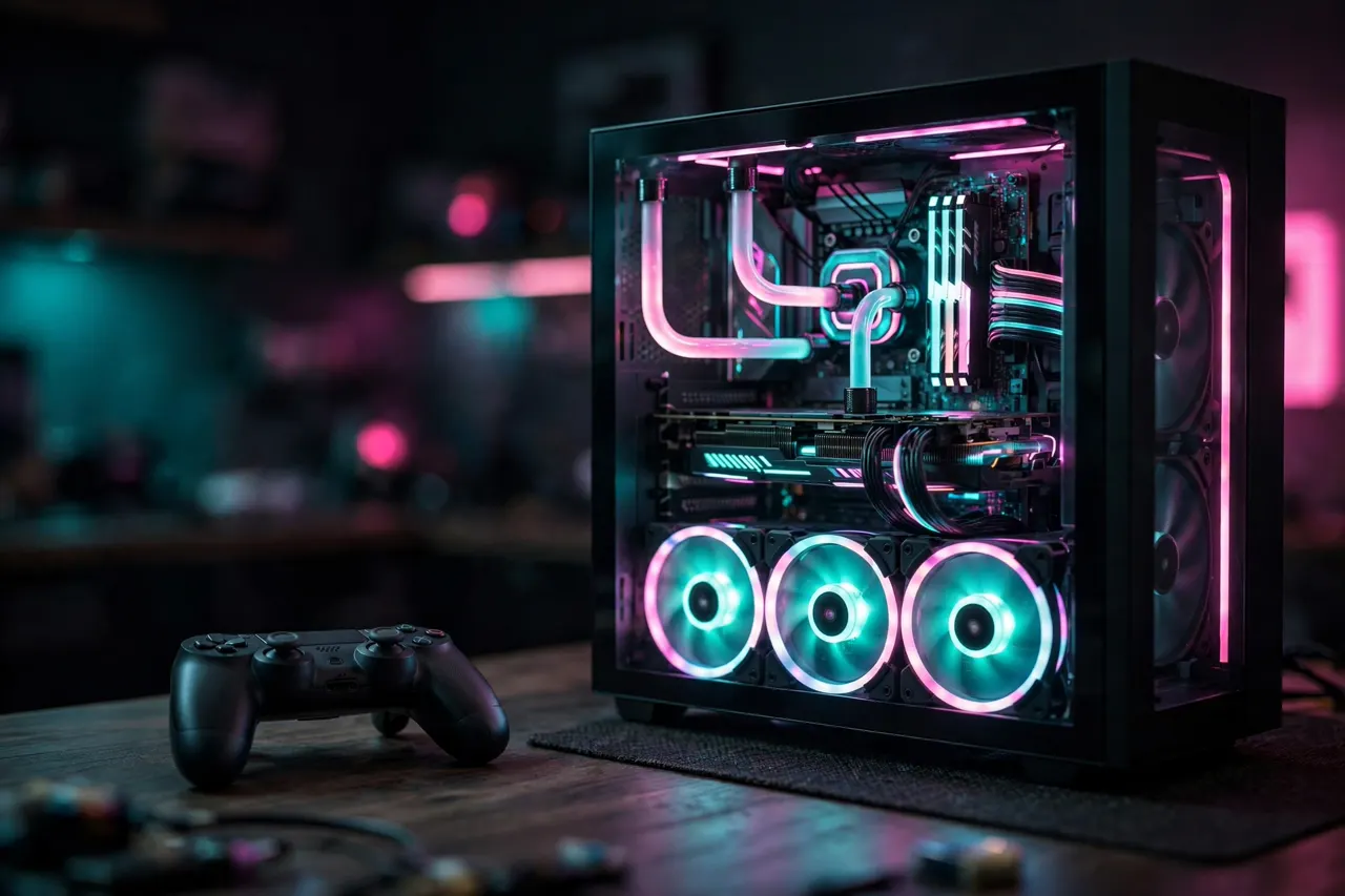 PC gaming con iluminación de neón junto a un mando