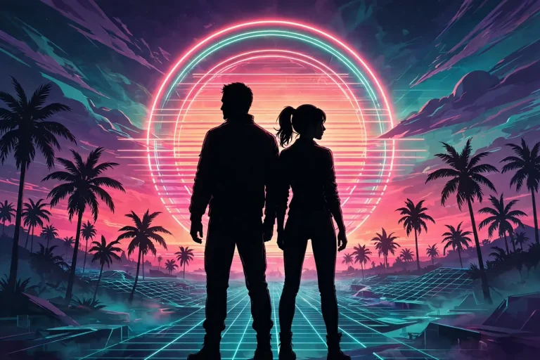 Jason y Lucía: siluetas de los protagonistas de GTA 6 al atardecer de neón