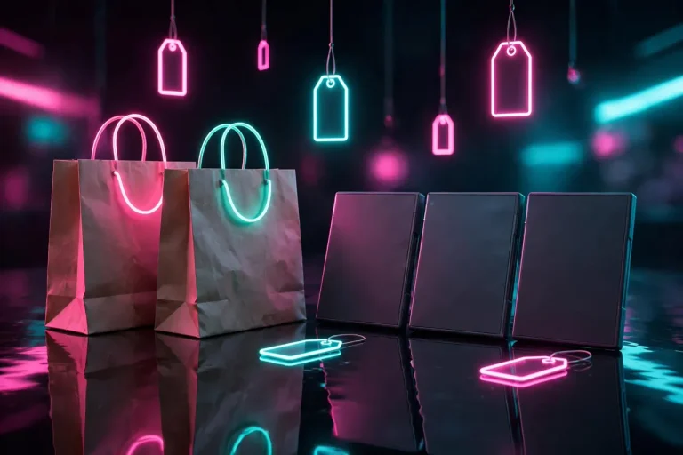 Etiquetas de precio de neón y bolsas de compra con juegos