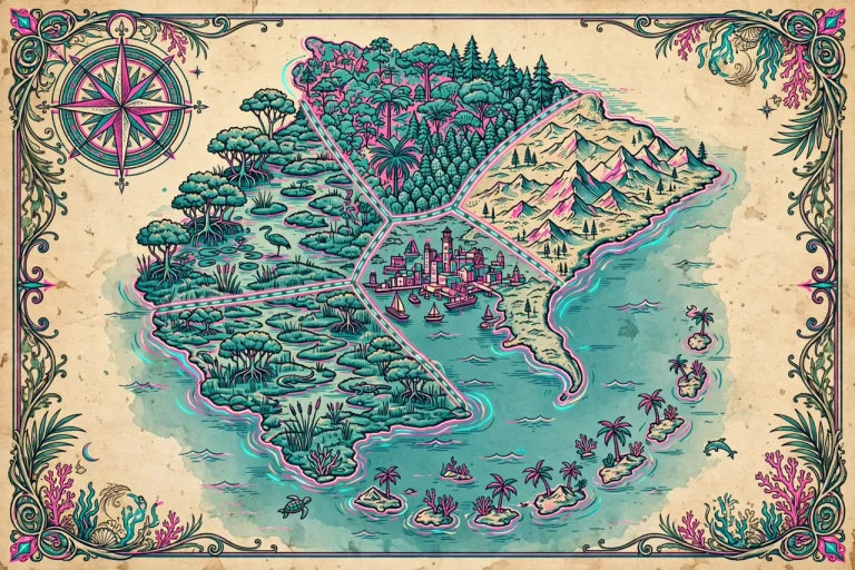 Mapa ilustrado de Leonida con sus seis regiones